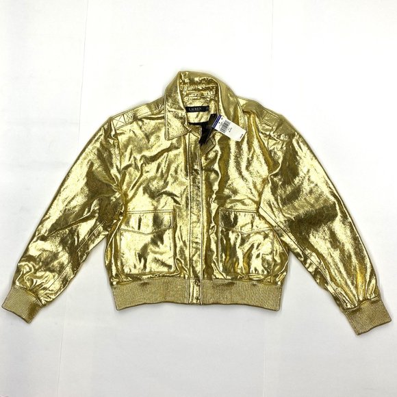 Ralph Lauren Genuine Lamb Leather Bomber Jacket Gold Metallic - Picture 1 of 4